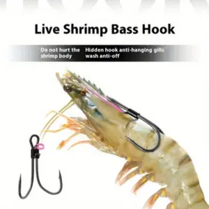 A box of 6 Portable Carbon Steel Live Shrimp Fishing Hooks with Barbs- Double Hooks are suitable for catching fierce fish like sea bass and salmon in sea fishing. It is a portable fishing tool with a double- hook design, durable for fishing.