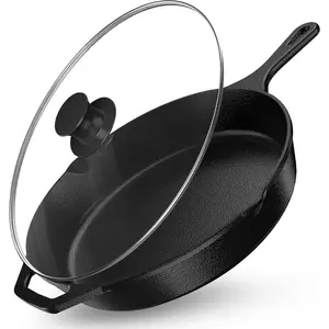Saute Frying Pan 12 Inch, Cast Iron Chefs Pan, Pre Seasoned Cast iron Skillet With Lid, Safe Grill Cookware for Indoor & Outdoor Use, Black