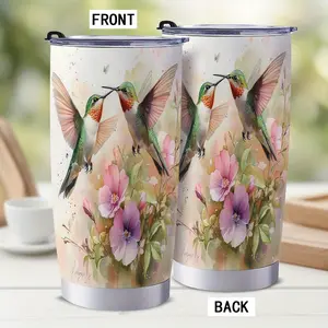 1pc Hummingbirds and Flowers Designed 20oz Stainless Steel Cup with Straw and Lid Insulated Cup Tumbler Cup Water Bottle, Fashionable High-quality 600ml Cup Mug Travel Cup Coffee Mug Car Cup for Gift Home Car Outdoor Travel Gym Fitness Office, Office