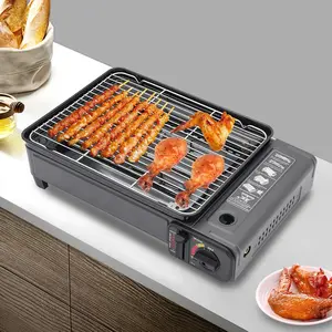 Butane Grill Stove, Portable Camping Grill Gas Stove with Stainless Steel Cooking Grate and Nonstick Griddle Free Standing BBQ Grill for Camping Traveling Outdoor Cooking, Black Cover Oil