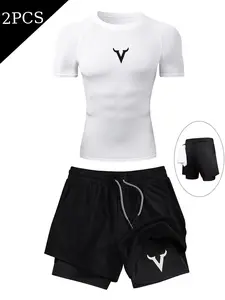 Men's Two-Piece Sporty Print Compression Set, High Elasticity Gym Wear, Slim Fit T-Shirt & Drawstring Shorts, Sweat-Wicking, Ideal for Fitness & Cycling