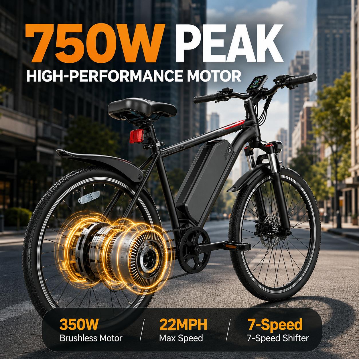 Urban City Commuter Ebike for Adults - 350W Motor, 22MPH Top Speed, 30-55 mi Range, Removable Battery, 7-Speed, All-Terrain for Commuting, Removable Battery Ebike