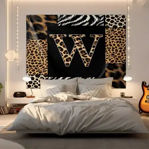 Custom Letter W-Z Leopard Print Tapestry, Geometric Patchwork Wall Hang, Retro Home Decor, Elegant Background Cloth, Unique Gift