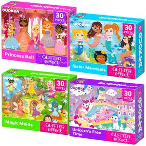 QUOKKA 4 Set 30 Pieces Shimmer Puzzles for Kids 3-5 | Meadow Girls, Mermaids & Princess