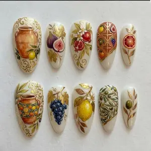 Mediterranean Fruit Press On Nails With Lemon Olive Grape Fig Cream Gold Palette