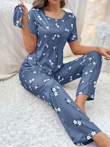 Women'S Summer Loose Fit Cute Floral Print Pajama Set - Short Sleeve Round Neck T-Shirt & Pants, Lightweight Breathable Fabric, All-Season, Comfortable Sleepwear & Loungewear, Pajamas, Comfortable Sleepwear