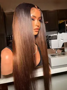 Ombre Brown Soft 30-Inch Long 180 Density Silky Straight Lace Front Wig, Heat Resistant, Synthetic Glueless, Pre-plucked, Daily Wear, All Seasons, Glueless Frontal Wig, Lace Straight Wigs