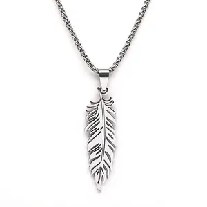 2025 New stainless steel feather pendant hip-hop neutral style titanium steel necklace jewelry accessories