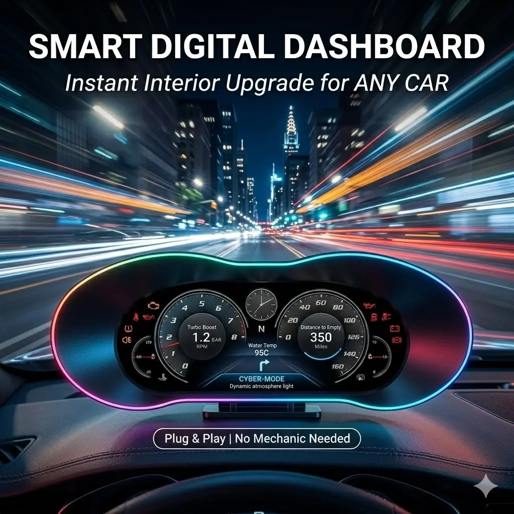 Universal Digital Car LCD Dashboard Display, OBD+GPS Dual System, Multi-Function Turbine Gauge & Off-Road Inclinometer with Dynamic Atmosphere Light