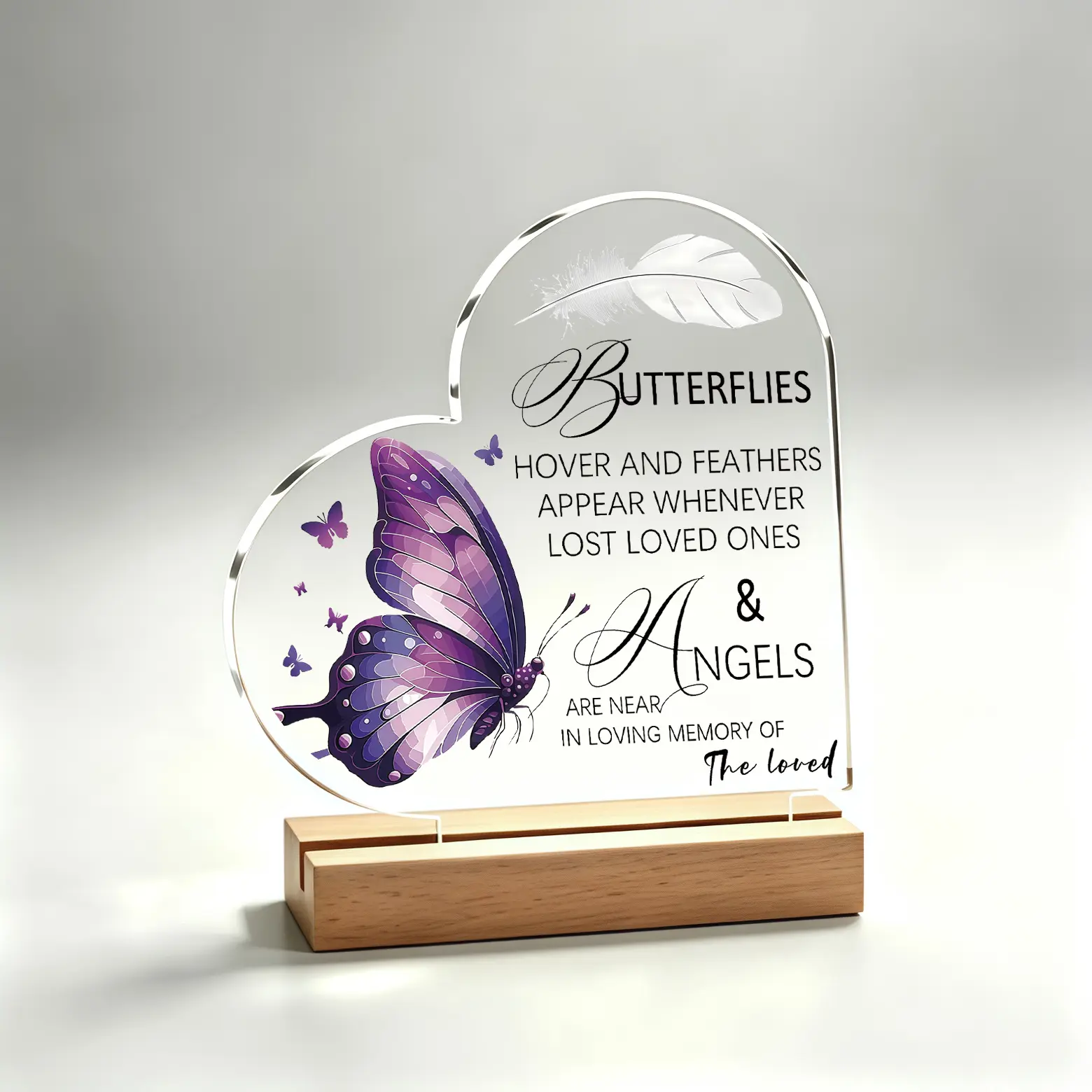 Acrylic Wood Heart-Shaped Memorial Plaque with Wooden Stand - Purple Butterfly Feather Modern Home Decor, Sympathy Remembrance Funeral Bereavement Keepsake Gift, Home Supplies Display Base