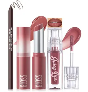 Noerrors 3PCS Lip Combo Set, Brown Matte Lip Liner + Hydrating Tinted Lip Balm + Plum Cherry Juicy Lip Gloss Tint, High-Shine, Non-Sticky, Long-Lasting, Lightweight, High Pigment Lip Makeup Trio Set