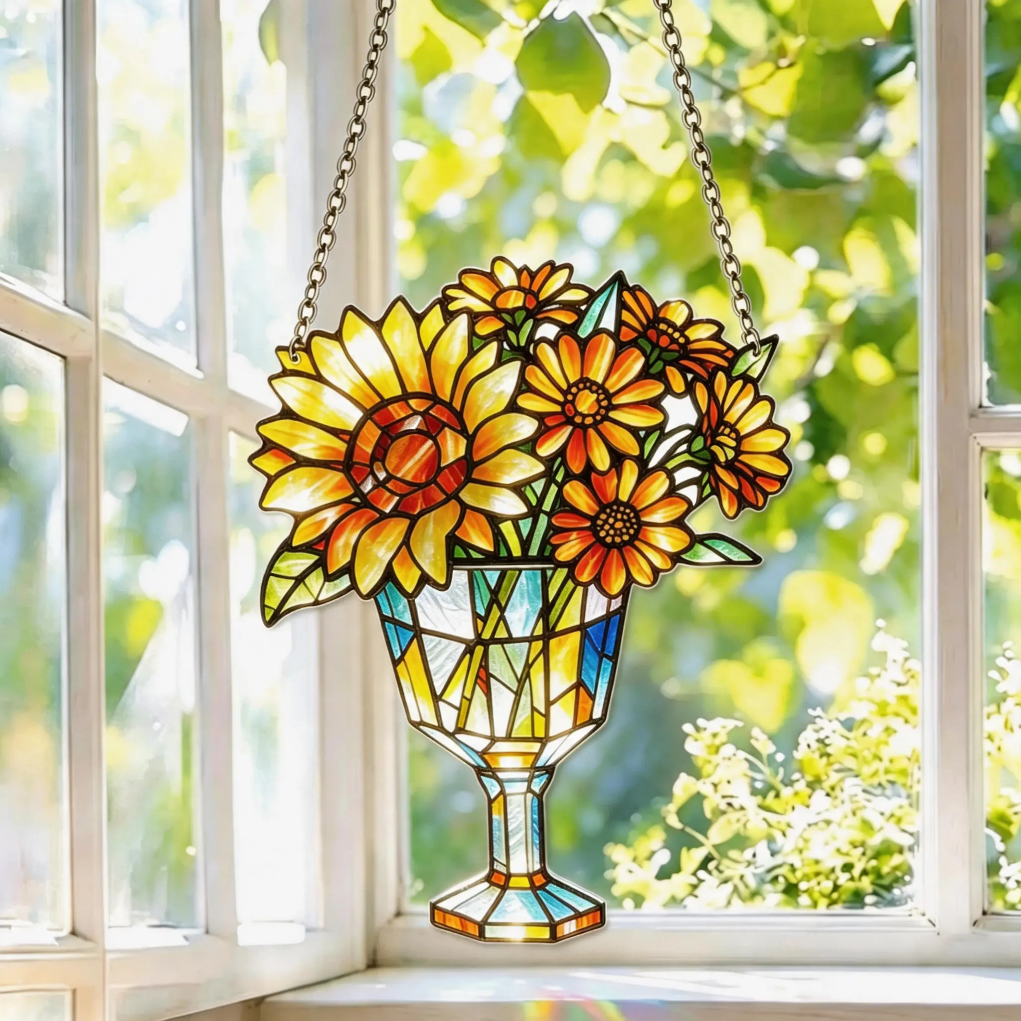 Sunflower Vase Stained Glass Suncatcher, 8x6 Inch Real Glass Window Hanging Decor, Colorful Floral Glass Art Ornament, Farmhouse Kitchen Bedroom Patio Decor, Unique Gift for Mom, Women, Flower Lovers