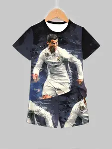 Boys' Ronaldo Short Sleeve Set, Artistic Graffiti Style Football Fan Two-Piece, Casual Fitted Tee and Shorts, Asymmetrical Design, Clothing Sets