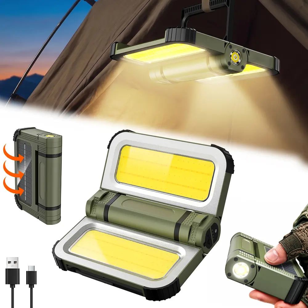 Solar Charging Work Light & Outdoor Flashlight, 3-Color Stepless Dimming, 180° Rotation Folding Lamp, 5 Light Modes, USB Rechargeable, Portable LED Flashlight, Waterproof for Camping, Power Outages, Emergency, Hiking, Car Repairing BackToSchool