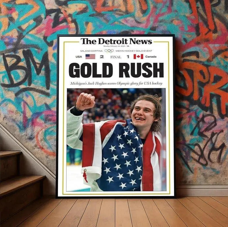 Jack Hughes Golden Goal Hockey-Themed Print - Durable, Vibrant Paper Photo Poster, Eco-Friendly, Fade-Resistant, Multi-Size Home Decor, Kid Room Inspo Wall Decoration