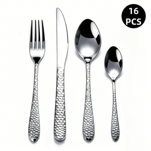 16-Piece Hammered Stainless Steel Cutlery Set, Mirror Polished, Dishwasher Safe, Ideal for Home Kitchen, Parties, Weddings, Gifts