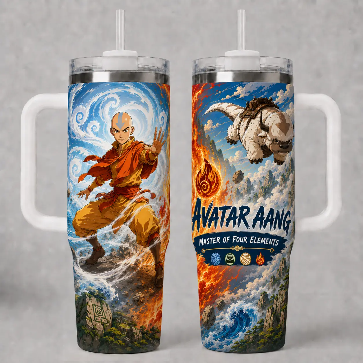 Avatar Aang 40oz Tumbler with Handle and Straw, Master of Four Elements Travel Cup, Aang and Appa Fan Gift, Insulated Stainless Steel Drinkware for Daily Hydration, Water, Coffee, School, Work, Birthday, Christmas, Men, Women and Teens