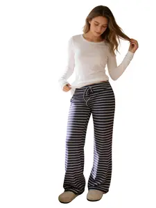 1Pc Women's Navy White Striped Wide Leg Pants Ribbed Knit Drawstring Waist Trousers