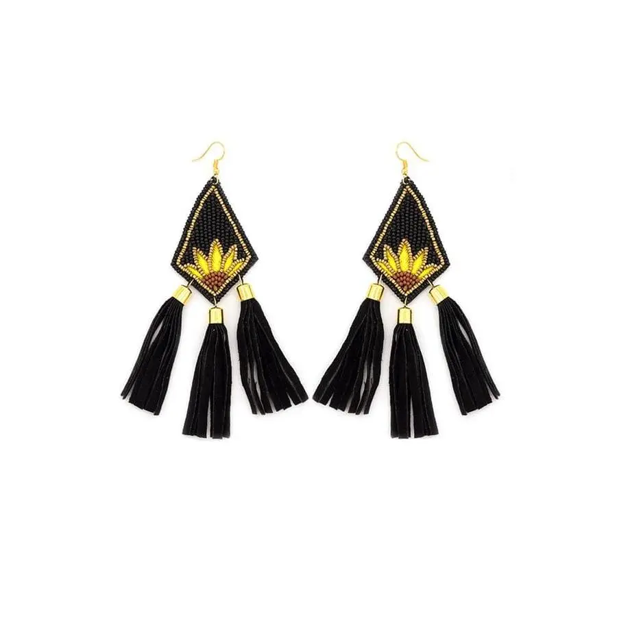 Beaded SUNFLOWER triangular tassel earrings