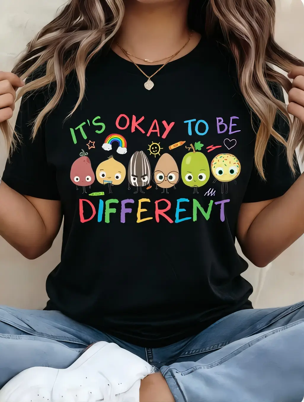Women's Colorful Rainbow Cartoon Print Short-Sleeve Cotton T-Shirt - Breathable, Gentle Tops with Positive "It's Okay To Be Different" Slogan for Weekend Road Trip, Casual Brunch