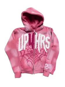 Women's Y2K Pink Gradient Zip Up Hoodie Spider Web Letter Patch Streetwear Oversized Sweatshirt.Vintage Washed Pink Zip Up Hoodie Y2K Streetwear Up4hrs Inspired Oversized Sweatshirt