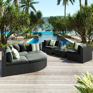 Aobtkel®GO 7-piece Outdoor Wicker Sofa Set, Rattan Sofa Lounger, With Striped Green Pillows, Conversation Sofa, For Patio, Garden, Deck, Black Wicker, Gray Cushion#Summervibes