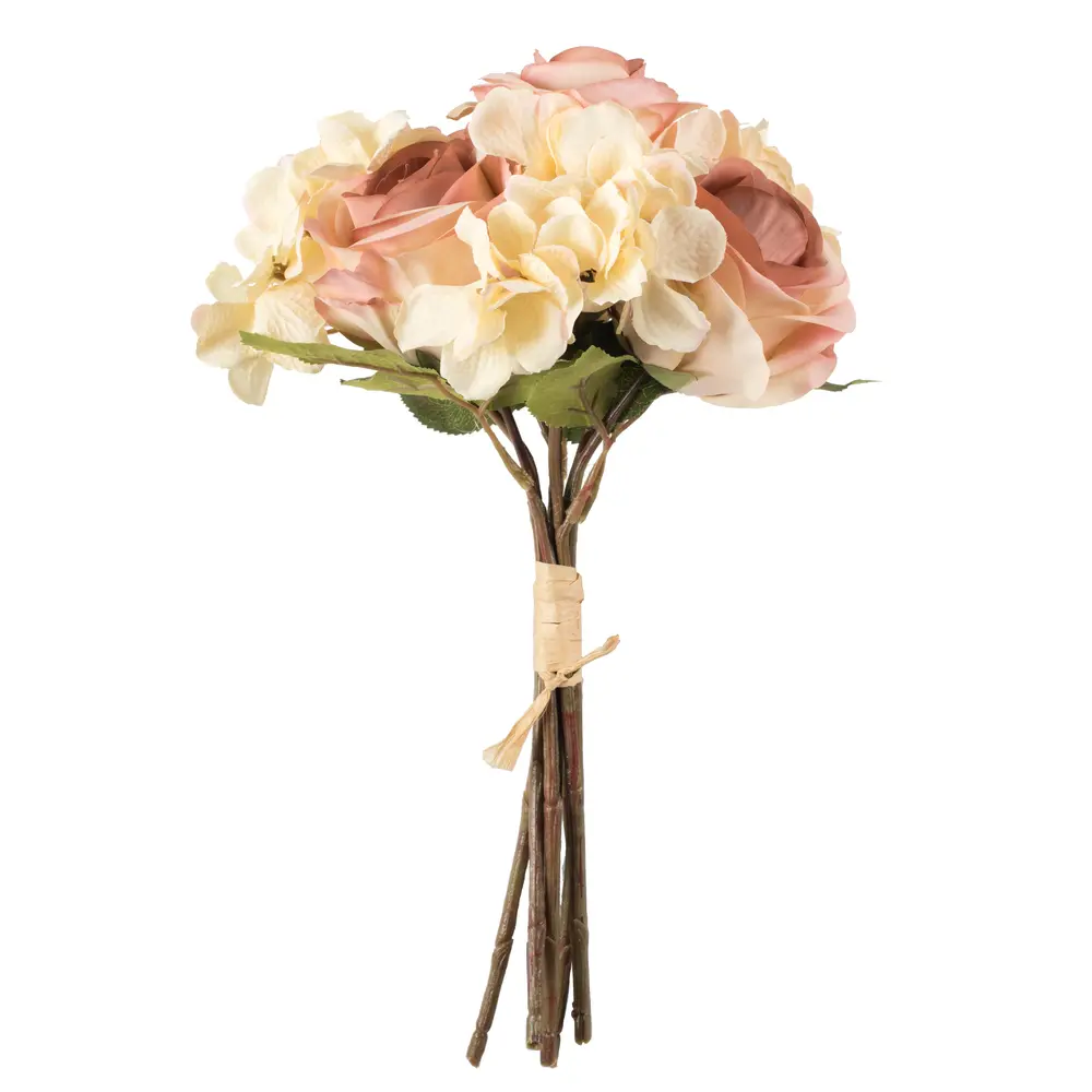 212 MAIN 13 inches Artificial Rose & Hydrangea Bouquet Bush - Cream & Blush Pink Decorative Florals, Pack of 2, for Plant Decor, Decorative Container Use