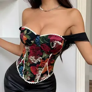 Women's Off Shoulder Boned Corset Crop Top Vintage Oil Painting Floral Print Contrast Lace Trim Bustier Coquette Y2K Going Out Party Top