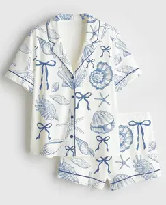 Coquette Seashell Beach Coastal Summer Vibes Print Short Sleeve Satin Pajama Set, Beach Pyjama for Women, Bridal Party Outfit, Beach Bachelorette Party, Bachelorette Bride Set, Pajama Sleepwear, Nighwear Set for Her (No pocket)