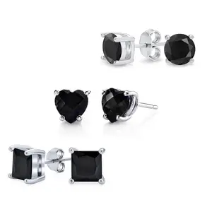 3 Pack 925 Sterling Silver Black Onyx Cubic Zirconia Stud Earrings Set Men Women