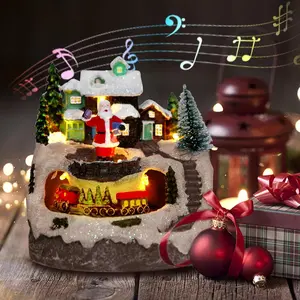 Christmas Village Snow Globe Decorations Resin Building Figurines Revolving Train Christmas Collectible Buildings 8 Music for Vintage Xmas Gift Christmas Decoration Santa Clau