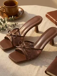 Coquette Aesthetic Chocolate Lace Bow Mules - Square Toe Kitten Heel Slip-On Girl Sandals