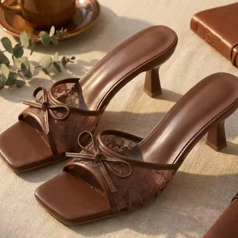 Elegant Coquette Aesthetic Chocolate Lace & Bow Decor Mules, Square Toe Kitten Heel Slip-On Sandals Women Shoe Summer Chic Summer Footwear