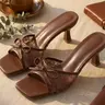 Elegant Coquette Aesthetic Chocolate Lace & Bow Decor Mules, Square Toe Kitten Heel Slip-On Sandals Women Shoe Summer Chic Summer Footwear