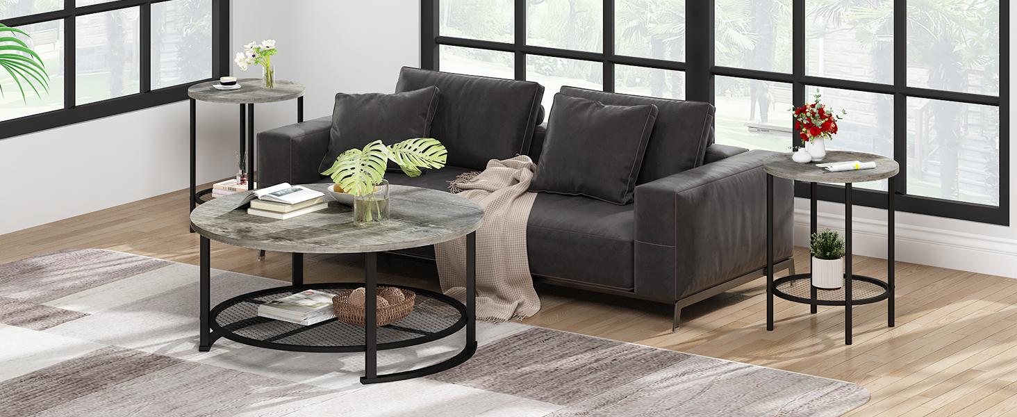 Living Room Coffee and End Table Sets, Wooden Modern Rustic Center Table with Two Side Tables, 3 Piece Living Room Coffee Table Set with Storage for Living Room, Apartment