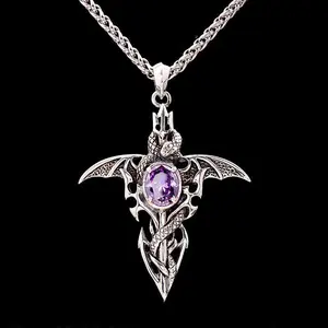 Retro Demon Sword pendant Male trend personality amethyst set chain Fashion imitation Thai silver angel wings necklace