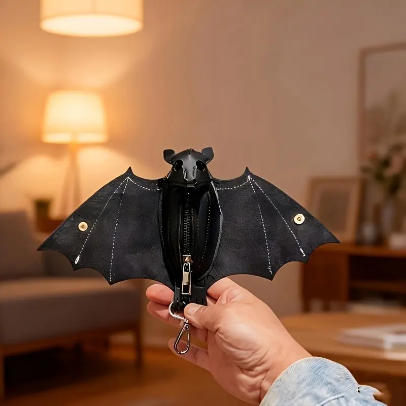 Leather Bat Coin Purse, Handmade Leather Coin Wallet, Creative Storage, Portable Batman Leather Coin Wallet, Unique Design, Durable Material, Zipper Coin Purse
