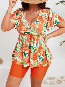 【Plus Size】 Floral Print Tankini Set, Casual V Neck Swim Top & Swim Shorts, Women's Two-piece Swimsuit for All Seasons