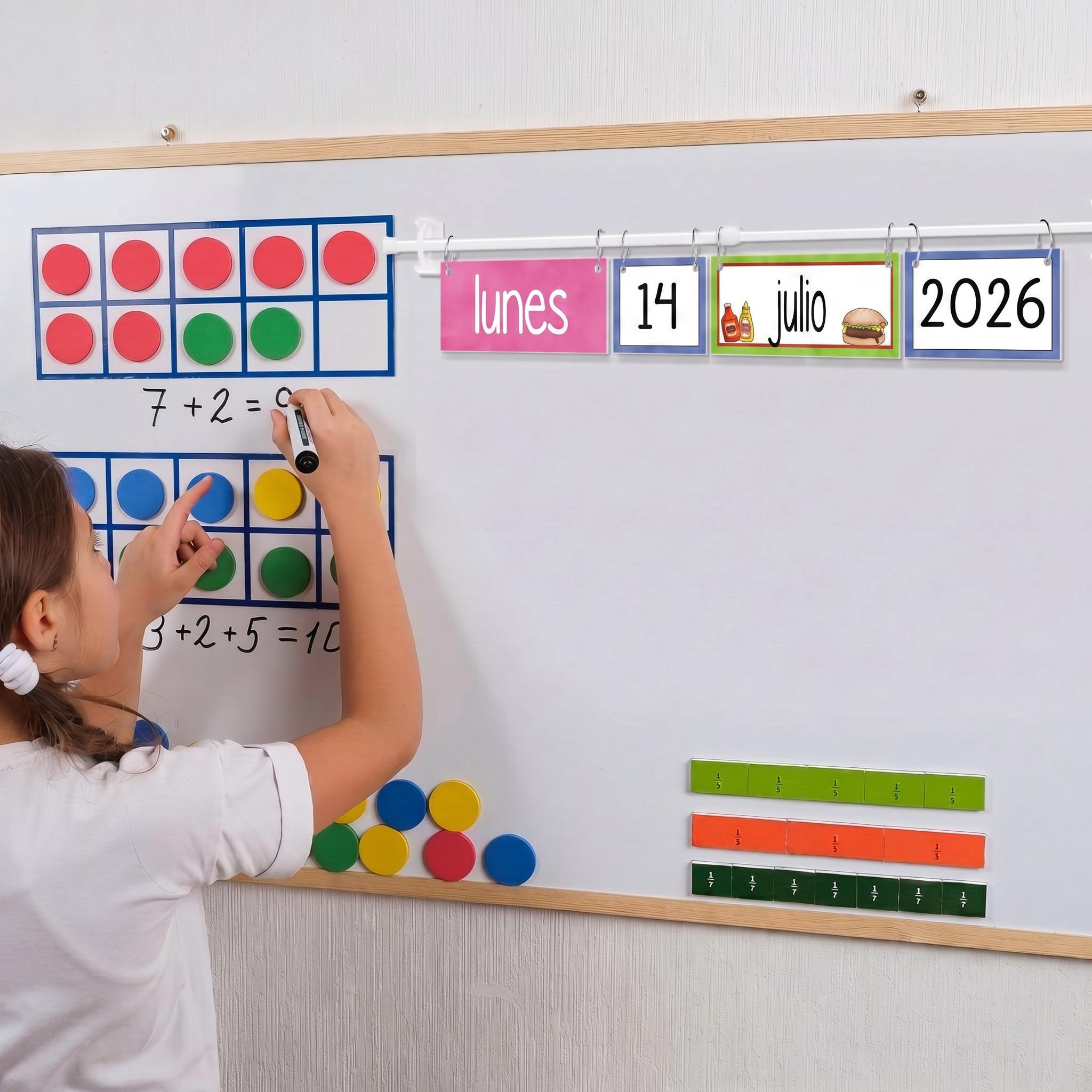 Spanish Classroom Flip Calendar Back to School Reusable Classroom Calendar Calendario Espanol First Day of School Bulletin Board White Board Classroom Decor Teacher Hack Organization Kit Include Rod and 54 Date Cards for Preschool kindergarten Primary