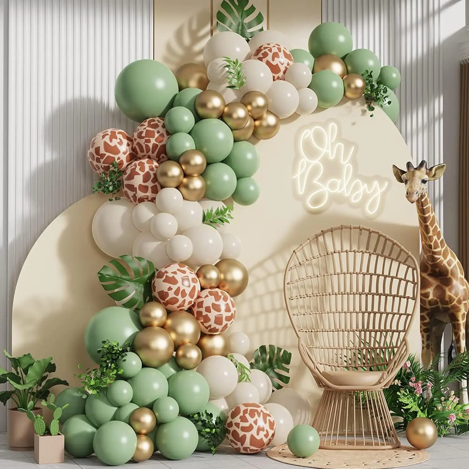 Jungle Safari Balloon Garland Arch Kit 135Pcs Sage Green And White Sand Giraffe Animal Print Balloons For Woodland Baby Shower Wild One Boys First Birthday Party Decoration