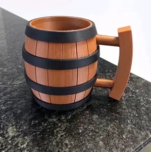 Wooden Barrel Mug with Black Bands and Wooden Handle for Drinks