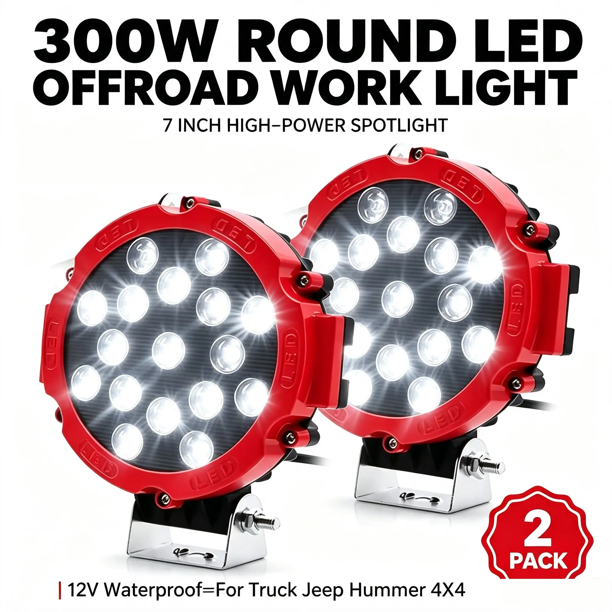 7 In Round LED Work Light, 300W Power Alloy Housing IP67 Waterproof Offroad Spotlight, 12V Auxiliary Night Drive Lamp, Car Accessories for Truck, Jeep Off-Roaders, Round Shape