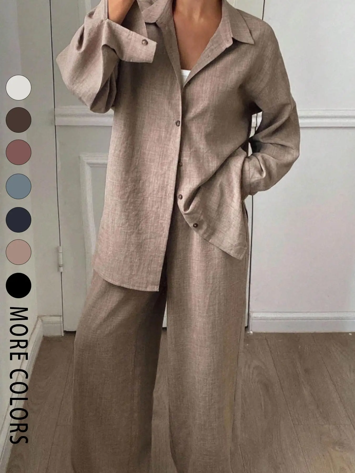 Two piece set of women's fashionable, high-end, casual, relaxed, plain textured long sleeved shirt+high waist wide leg pants set, suitable for all seasons, suitable for short trips, exploring stores, shopping, daily home, workplace, commuting