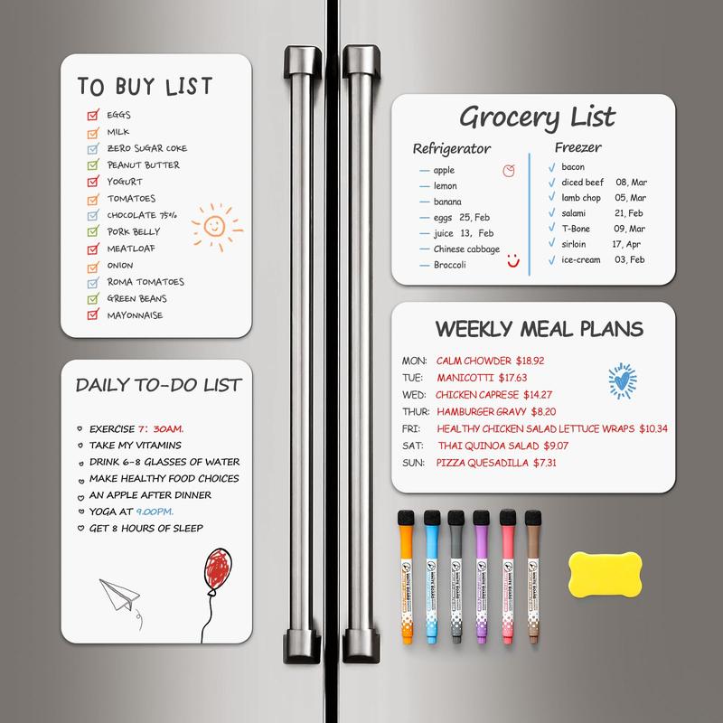 4PCS 12"x8" Magnetic Dry Erase WhiteBoard for Fridge w/ 6 Markers & 1 Eraser - Small Magnet Blank White Board Organizer and Planner for Home, Kitchen, Office, Refrigerator, Wall, Door, Cabinet