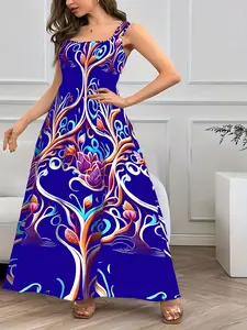 Women's Plus Size Boho Outfits Lady's Sleeveless Square Neck Loose Mid-Length Dance Dress, Vibrant Pink & Blue Floral Print, Breathable Machine-Washable Spring/Summer Plus Size Fashion Dress for Brunch, Shopping