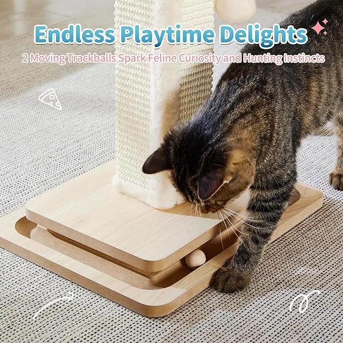 Wooden Cat Scratching Post with Track Ball Toy, Durable Natural Sisal Cat Scratcher with Hanging Pom-Pom, Interactive Cat Activity Center for Indoor Cats