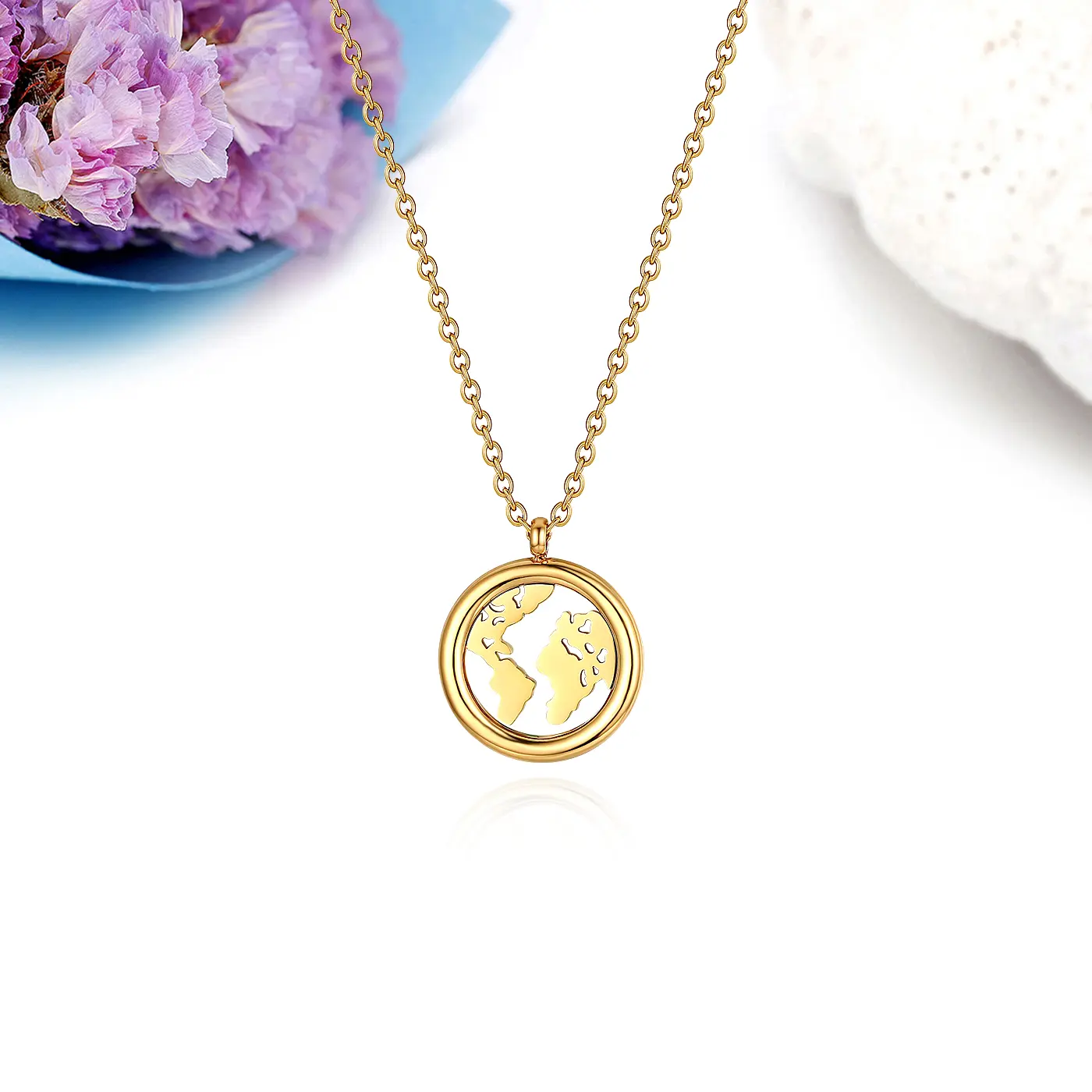 OIDEA Female Adjustable Round Disc World Map Stainless Steel Clavicular Necklace - Gold Aesthetic, Silver Option, Lightweight, 0.75in/1.9cm Diameter, 16.14in Chain with 1.97in Extender, Graduation/Birthday Gift for Travel Lovers, Choker Jewelry