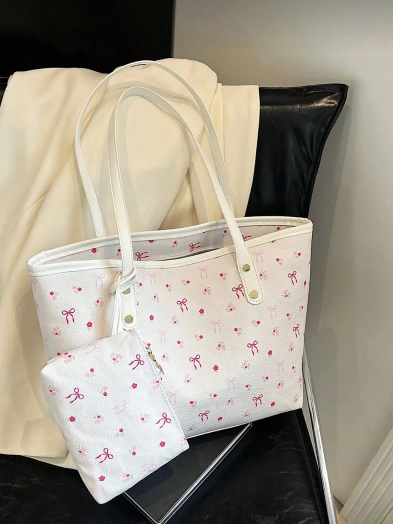 Women's Butterfly & Floral Print Bow Motifs Handbag Set, Casual Handbags, Commuter Bags, Fashionable Tote Bag, Large Capacity Zipper Design, Perfect for Commute, School, Travel, Fashionable Ladies' Wallet