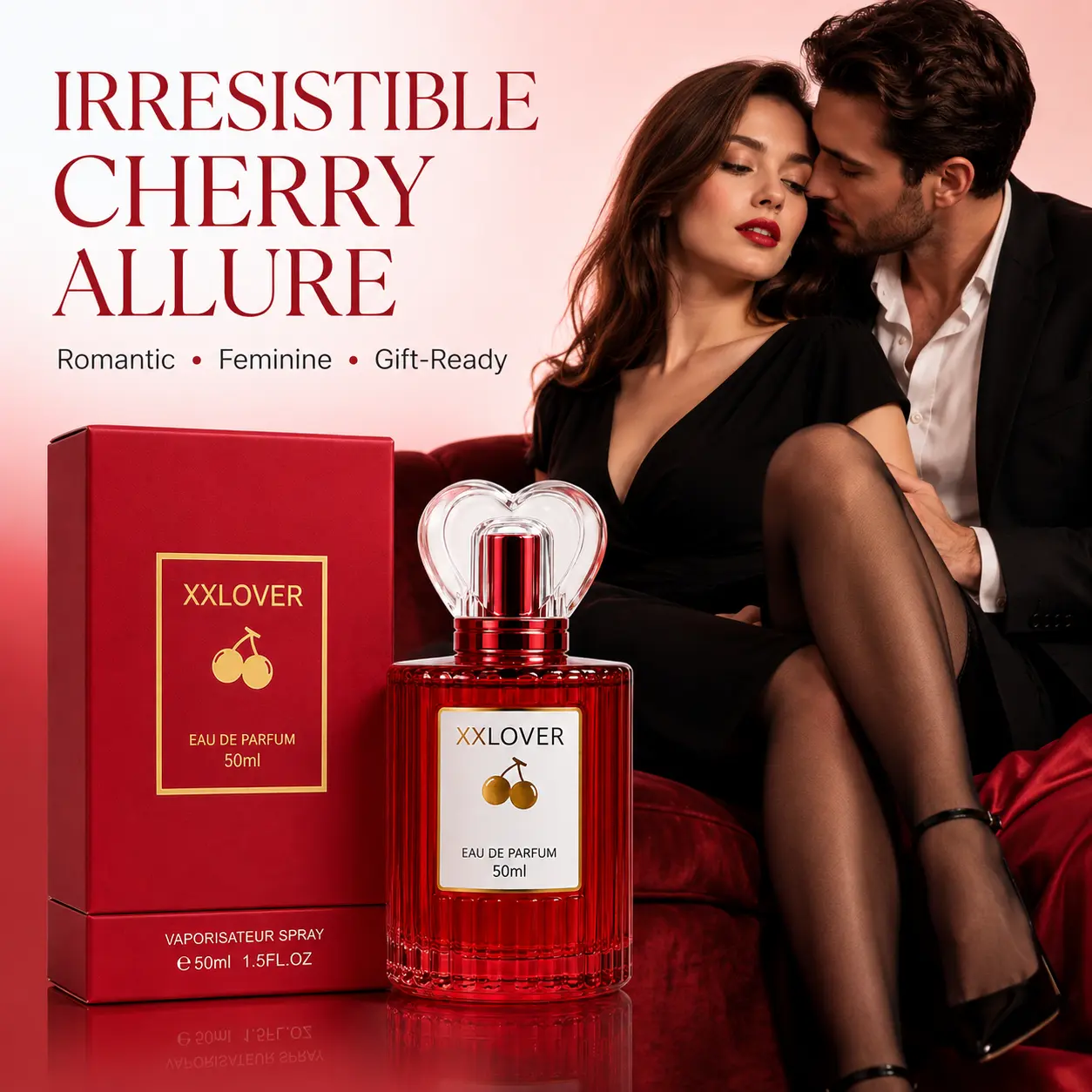 Hot Romantic Cherry Pheromone  for Women Magnetic Attraction Eau de Parfum 50ml- Long Lasting 12H Gourmand Floral Scent Romantic Allure Gift for Date Night Daily Wear Halloween Christmas Valentine, Ready Elegance  for Him and Her couple pink chiffon