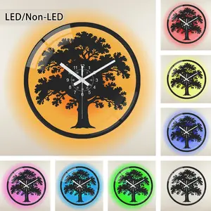 Modern Record-Shaped Wall Clock, Round Transparent Glass, Tree Silhouette, LED Color Changing, Suitable for Bedroom Living Room